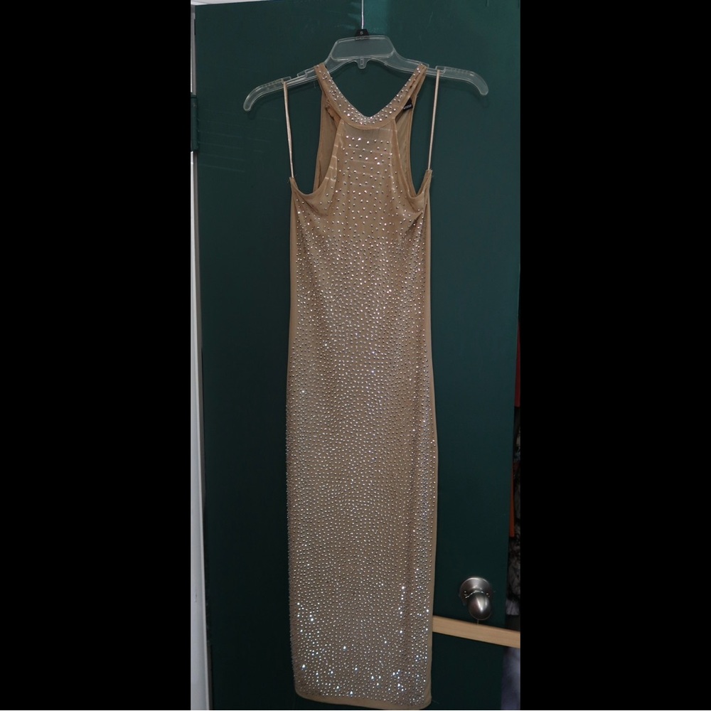 Nude mesh/jeweled halter dress